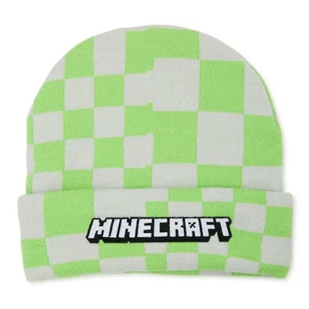 Minecraft‎ Embroidered Green White Crazy Checkered Cuffed Beanie Cap Hat NWT